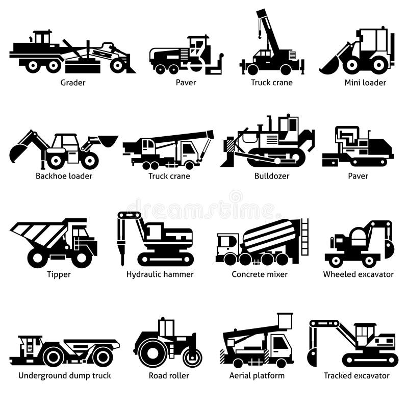 Iconos blancos del negro de las máquinas de la construcción fijados ilustración del vector Iconos blancos del negro de las máquinas de la construcción fijados ilustración del vector