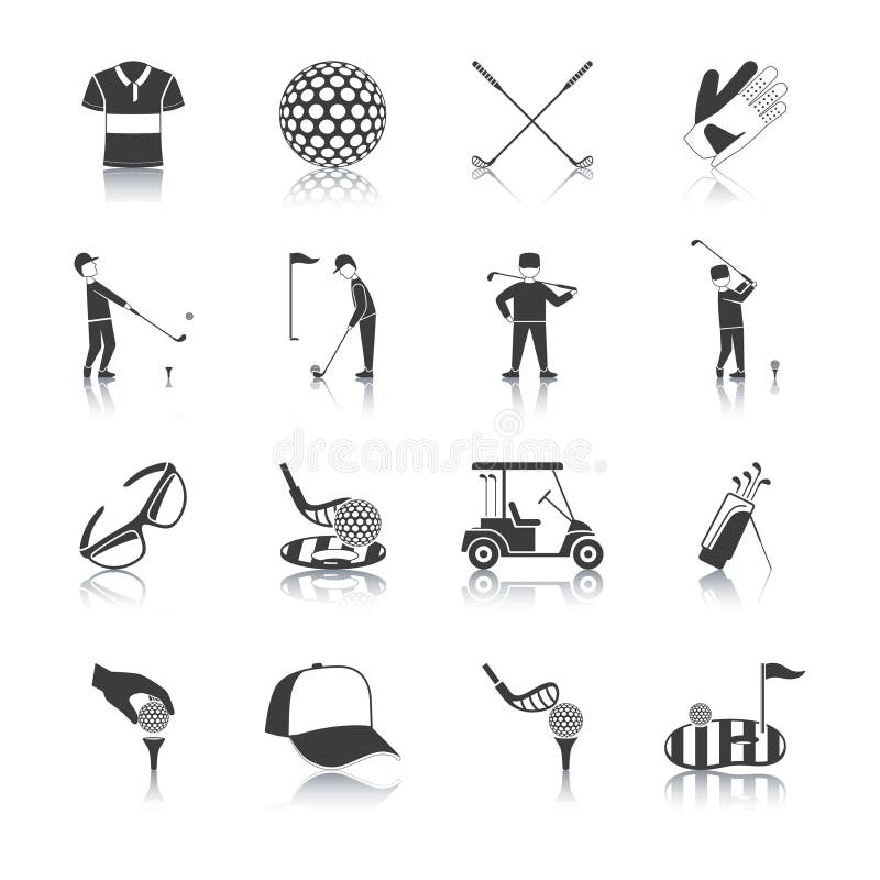 Iconos blancos negros del golf fijados ilustración del vector Iconos blancos negros del golf fijados ilustración del vector