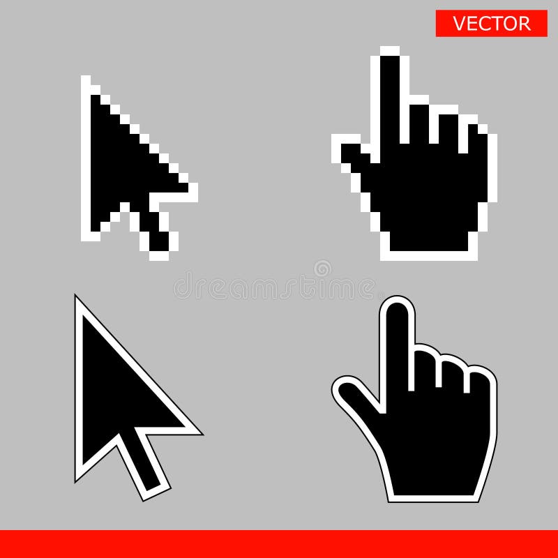 Iconos blancos y negros de los cursores de la flecha y de los cursores de la mano stock de ilustración Iconos blancos y negros de los cursores de la flecha y de los cursores de la mano stock de ilustración