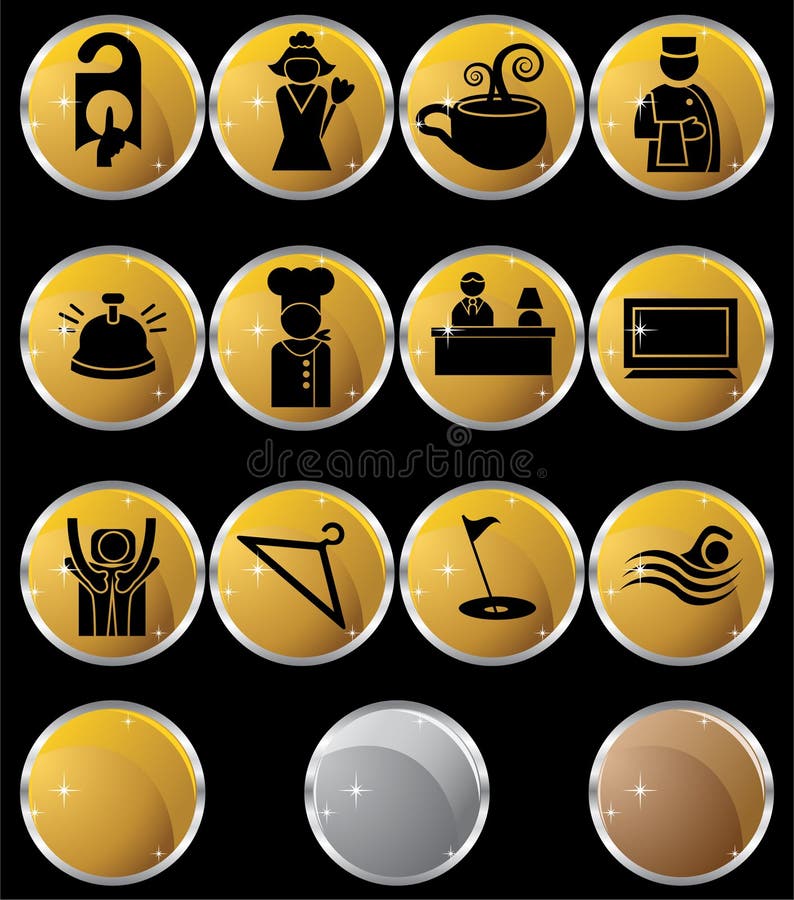 Iconos/botones del hotel - redondos - oro stock de ilustración Iconos/botones del hotel - redondos - oro stock de ilustración