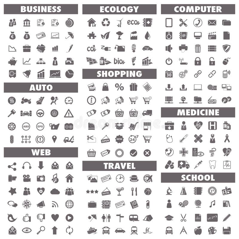 Basic icons set: About business auto web ecology shopping travel computer medicine and school concepts. Basic icons set: About business auto web ecology shopping travel computer medicine and school concepts.