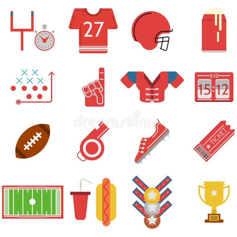Colored icons collection of equipment and some elements for American football red team on white background. Colored icons collection of equipment and some elements for American football red team on white background.
