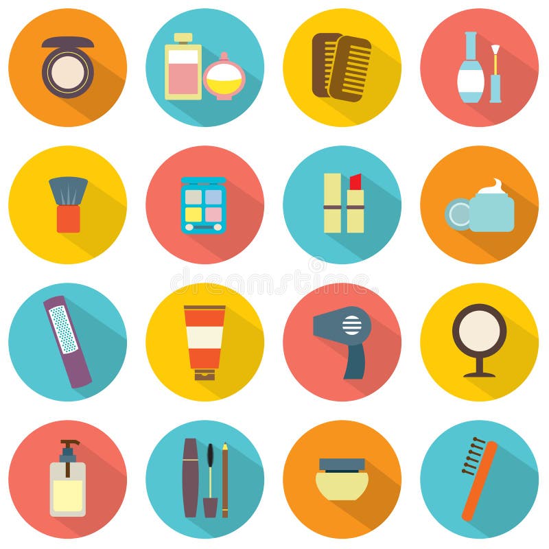 Iconos coloridos de los cosméticos del diseño plano stock de ilustración Iconos coloridos de los cosméticos del diseño plano stock de ilustración