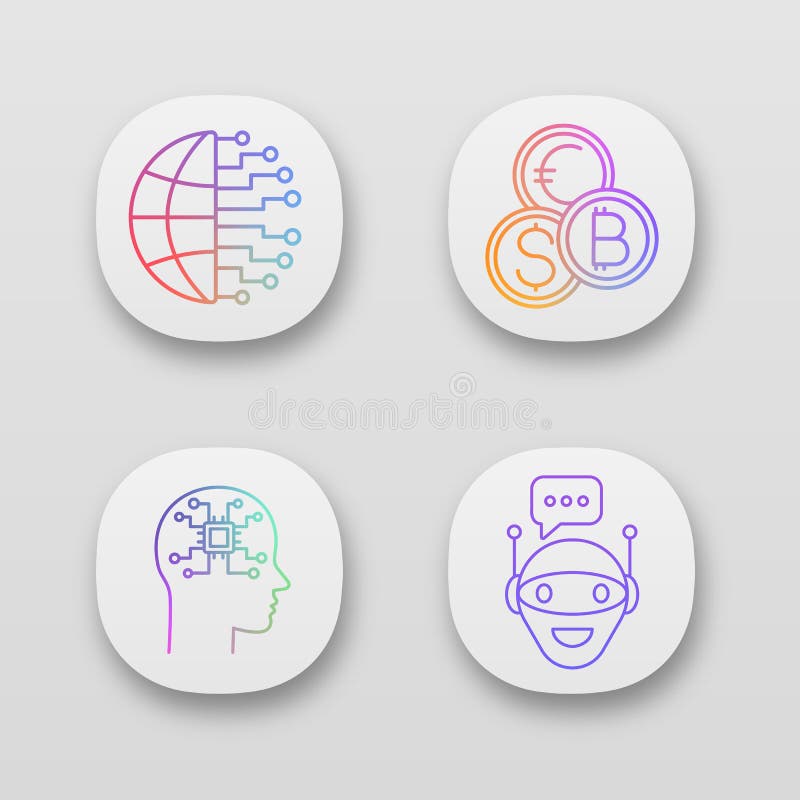 Iconos de aplicación de inteligencia artificial establecidos ilustración del vector