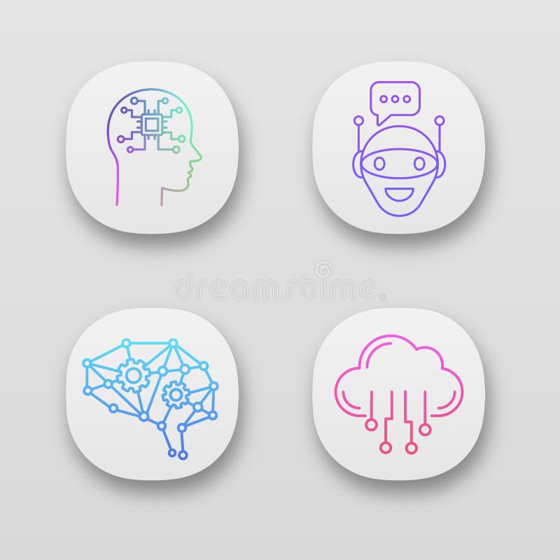 Iconos de aplicación de inteligencia artificial establecidos stock de ilustración