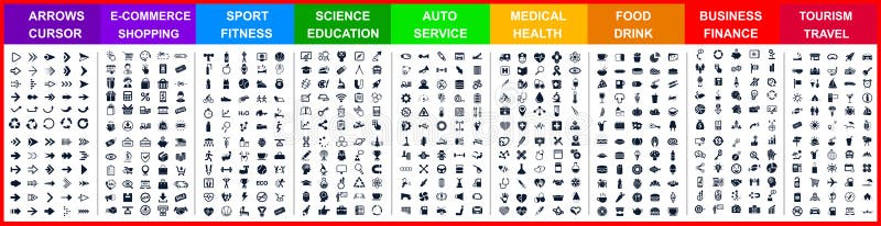 Iconos de conjunto grande por categoría : flechas compras deporte automoción comida bebida negocios viajes y mucho más imagenes de archivo