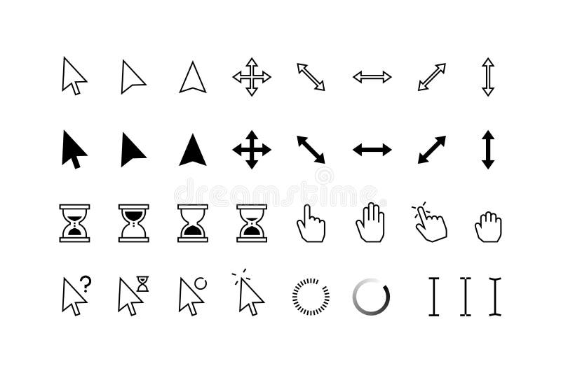Iconos de cursor. flechas clásicas de puntero de hourglass y manos con botones web del ratón del ordenador de pulsación y estado d