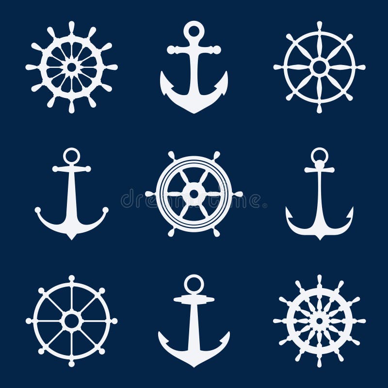 Steering ship wheels and anchors icons. Naval navigation vector signs. Set white silhouettes of anchors and steering wheels illustration. Steering ship wheels and anchors icons. Naval navigation vector signs. Set white silhouettes of anchors and steering wheels illustration