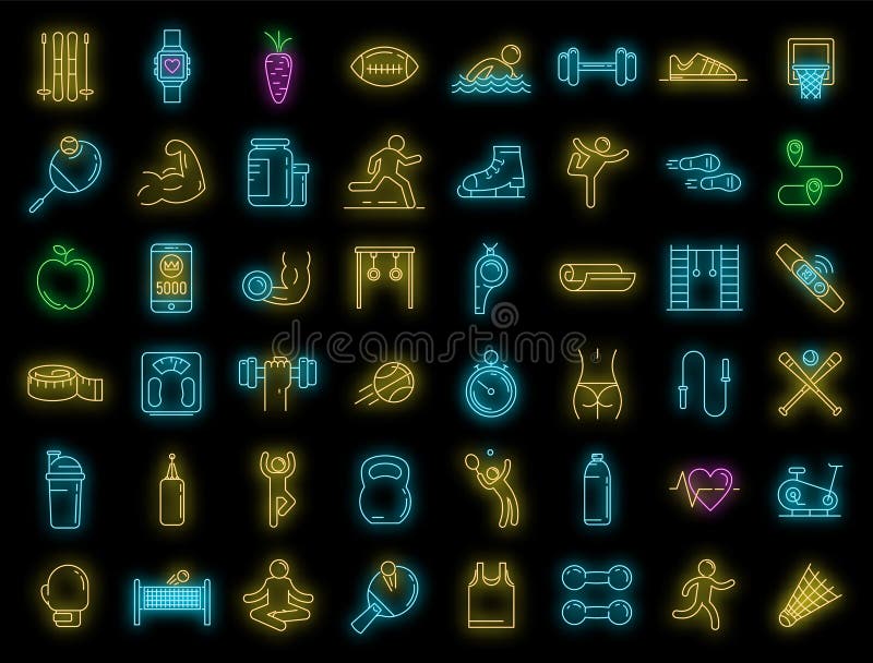 Iconos de fitness al aire libre set vector neon. Conjunto de iconos de fitness al aire libre. conjunto de esquema de iconos de vectores de fitness al aire libre color de neón en negro