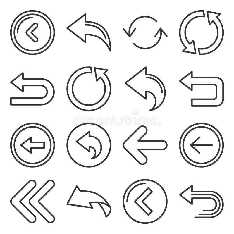 Iconos de flecha atrás establecidos en fondo blanco. vector de estilo de línea stock de ilustración