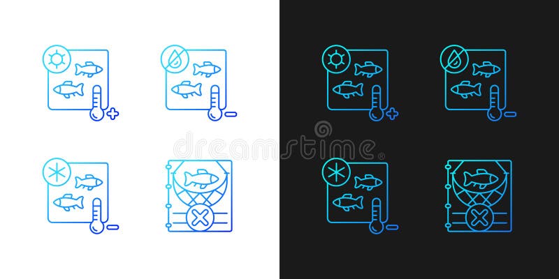 Iconos de gradiente de esterilización de productos de pescado establecidos para el modo oscuro y luminoso ilustración del vector