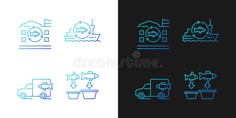 Iconos de gradiente de procesamiento de peces y transporte establecidos para modo oscuro y claro libre illustration