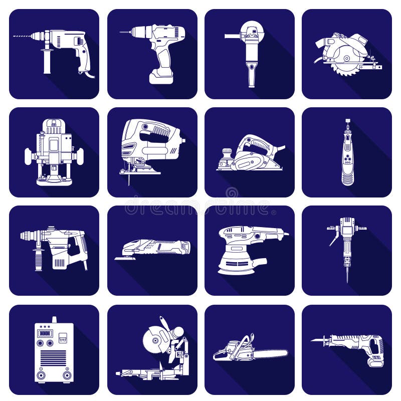 Iconos de herramientas eléctricas aislados en un fondo azul