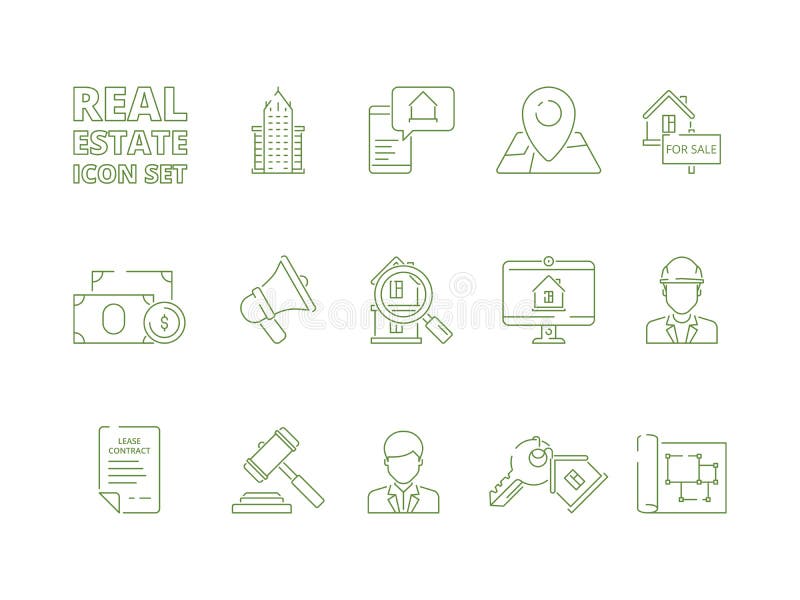 Iconos de la casa en venta Alquiler del agente inmobiliario o venta de imágenes finas lineares del nuevo vector del dueño de la c ilustración del vector Iconos de la casa en venta Alquiler del agente inmobiliario o venta de imágenes finas lineares del nuevo vector del dueño de la c ilustración del vector