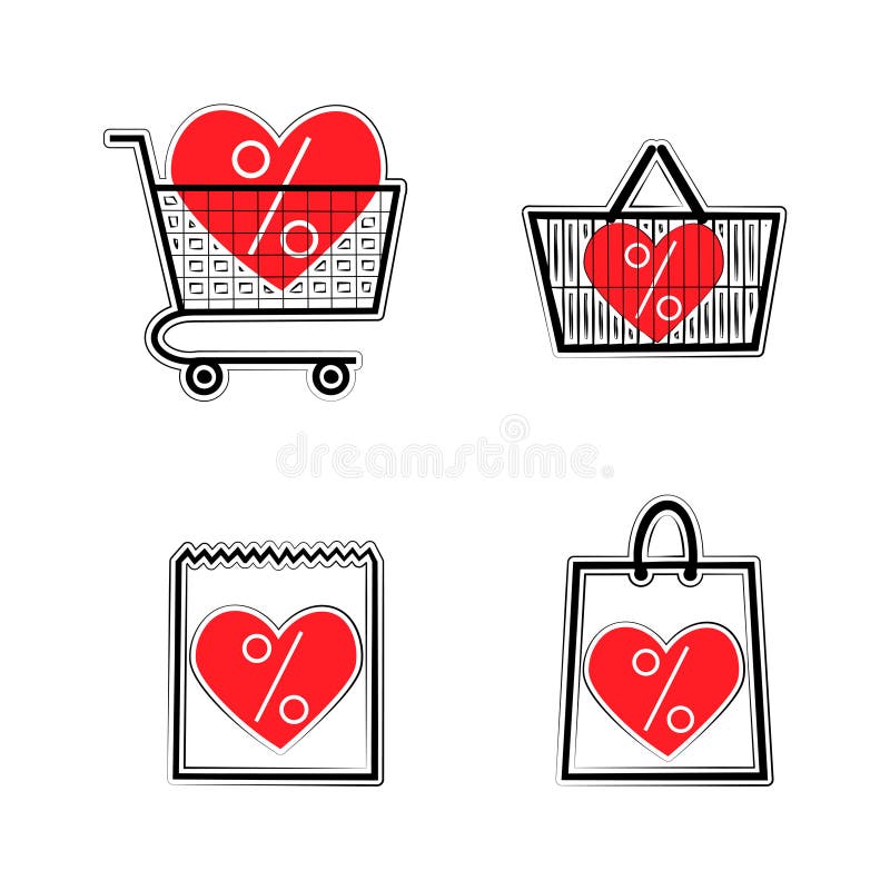 Iconos de la cesta y del carro del bolso de la tienda de la venta Símbolo del descuento Etiqueta de la oferta especial con los co stock de ilustración Iconos de la cesta y del carro del bolso de la tienda de la venta Símbolo del descuento Etiqueta de la oferta especial con los co stock de ilustración