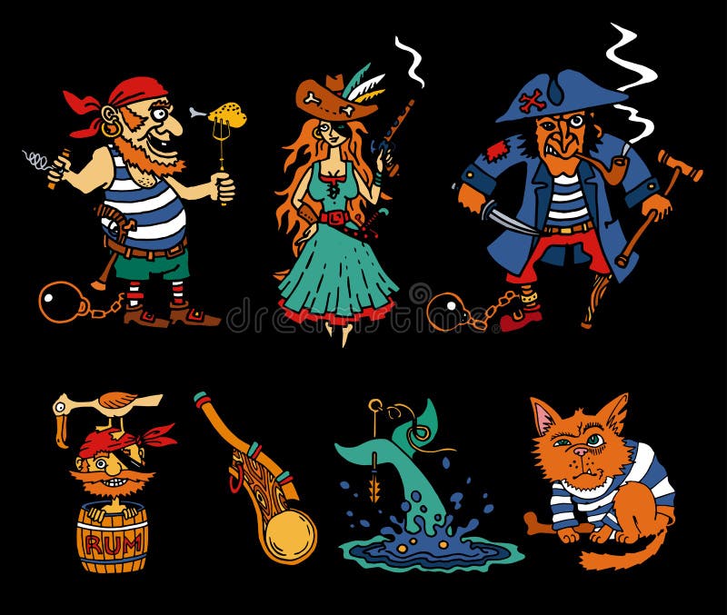 Iconos de la historieta de las leyendas del pirata en fondo negro ilustración del vector Iconos de la historieta de las leyendas del pirata en fondo negro ilustración del vector