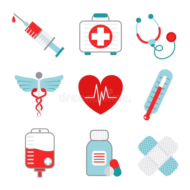 Decorative medical emergency first aid kit symbols pictograms collection with injection syringe abstract flat isolated vector illustration. Decorative medical emergency first aid kit symbols pictograms collection with injection syringe abstract flat isolated vector illustration.
