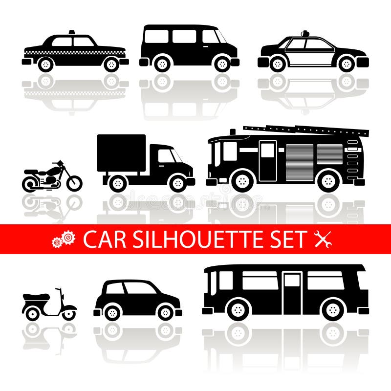 Car silhouette icons set with reflection. Car silhouette icons set with reflection