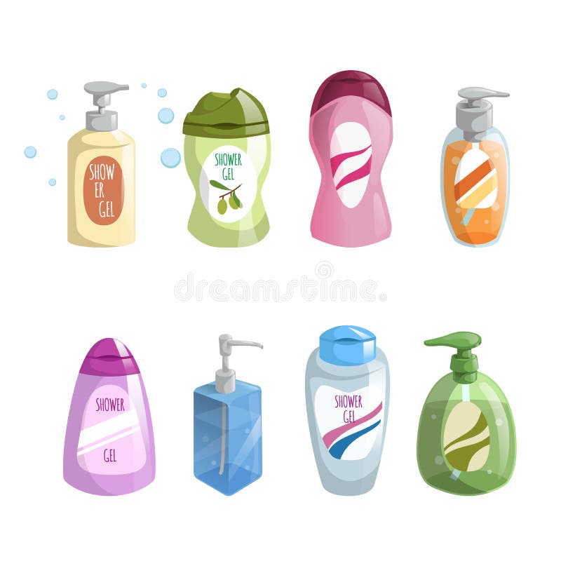 Iconos de las botellas del baño y del cosmético del color del diseño de moda de la historieta diversos fijados Gel de la ducha y libre illustration
