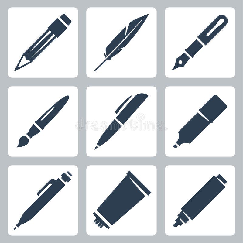 Iconos de las herramientas de la escritura y de la pintura del vector fijados