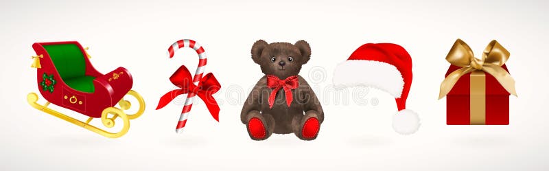 Iconos de las vacaciones de invierno Fije del trineo y sombrero de Santa Claus de la Navidad, caja de regalo con la cinta de oro, libre illustration Iconos de las vacaciones de invierno Fije del trineo y sombrero de Santa Claus de la Navidad, caja de regalo con la cinta de oro, libre illustration