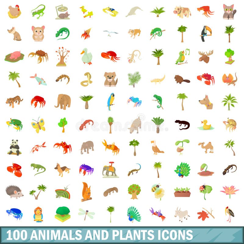 100 iconos de los animales y de las plantas fijaron, estilo de la historieta stock de ilustración 100 iconos de los animales y de las plantas fijaron, estilo de la historieta stock de ilustración