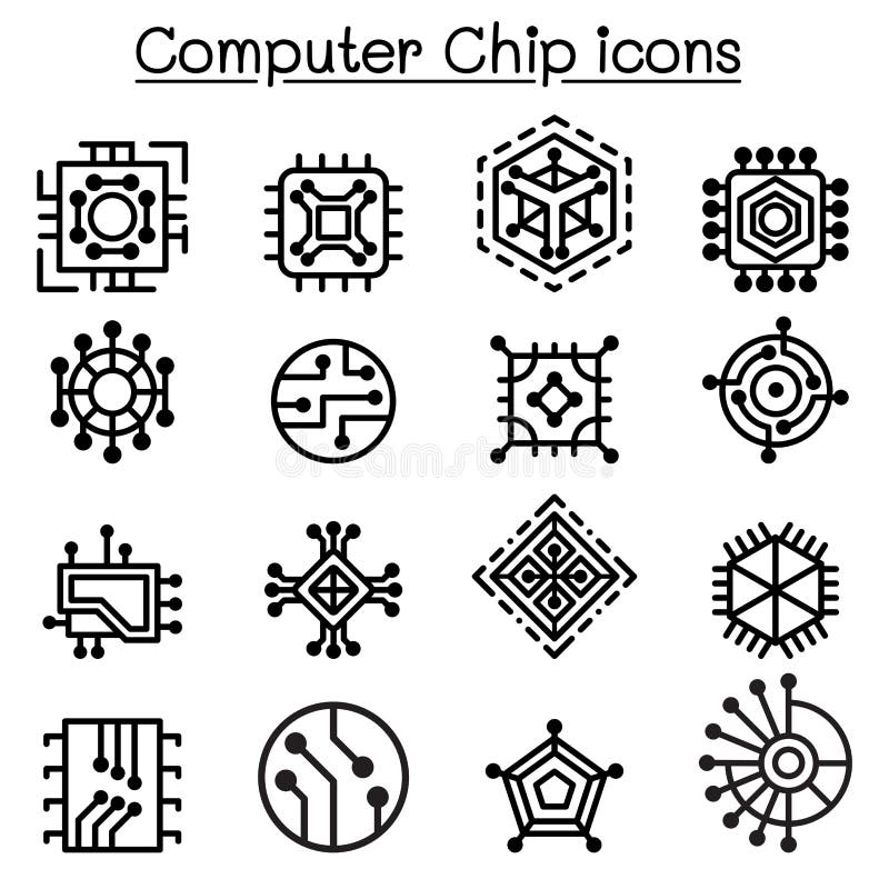 Iconos de los chips de ordenador y del circuito electrónico en la línea estilo fina ilustración del vector Iconos de los chips de ordenador y del circuito electrónico en la línea estilo fina ilustración del vector