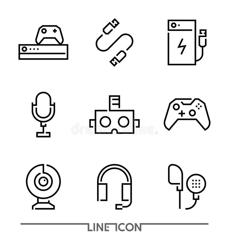 Iconos de los dispositivos electrónicos Los accesorios del juego enrarecen la línea vector libre illustration Iconos de los dispositivos electrónicos Los accesorios del juego enrarecen la línea vector libre illustration