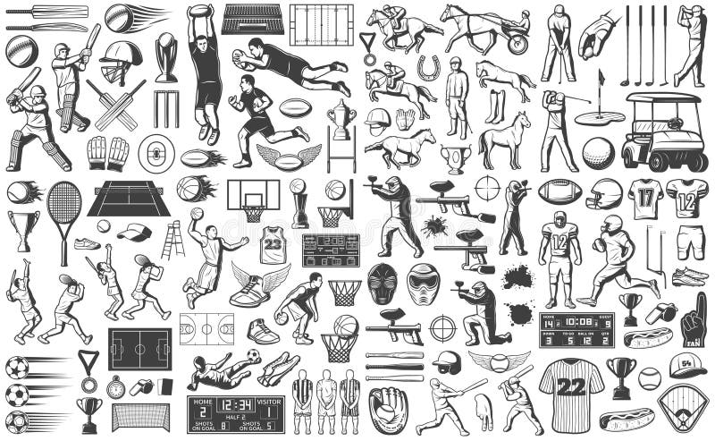 Iconos de los juegos del deporte del vintage fijados stock de ilustración Iconos de los juegos del deporte del vintage fijados stock de ilustración