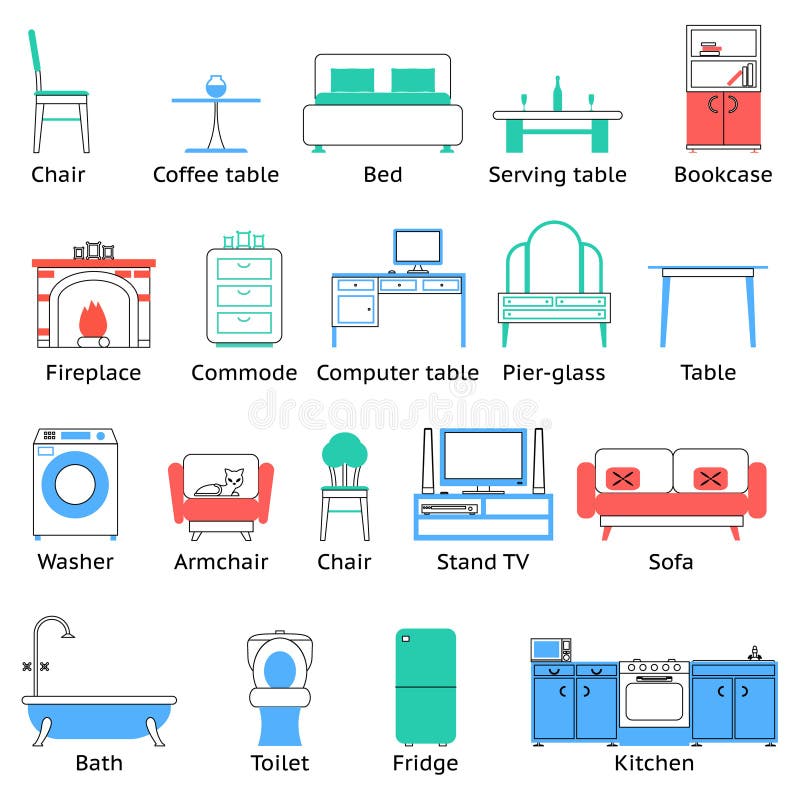 Iconos de los muebles y sistema de símbolos planos para el ejemplo aislado sala de estar del vector stock de ilustración Iconos de los muebles y sistema de símbolos planos para el ejemplo aislado sala de estar del vector stock de ilustración