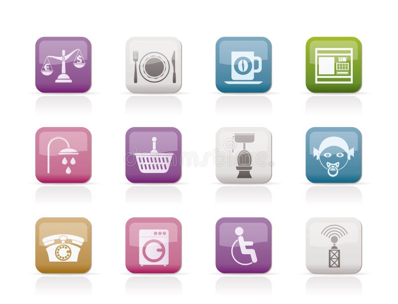 Iconos de los servicios del borde de la carretera, del hotel y del motel stock de ilustración Iconos de los servicios del borde de la carretera, del hotel y del motel stock de ilustración