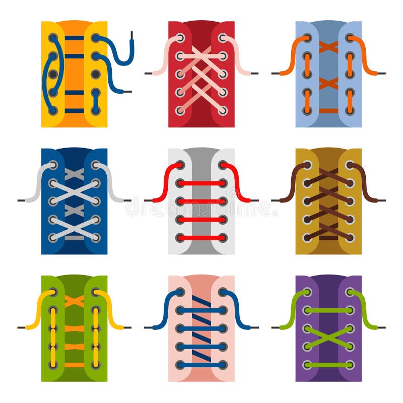 Conjunto de iconos planos de cordones coloridos cordones de diferentes  colores para zapatillas nudo con lazo cordón delgado para sujetar zapatos