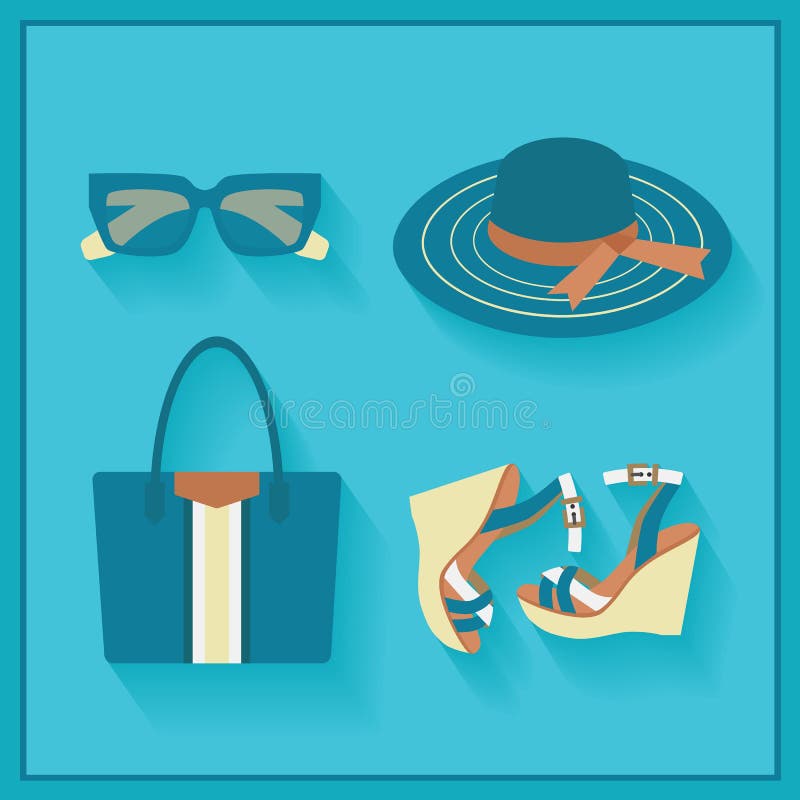 Iconos de moda de los accesorios del verano de las mujeres ilustración del vector Iconos de moda de los accesorios del verano de las mujeres ilustración del vector