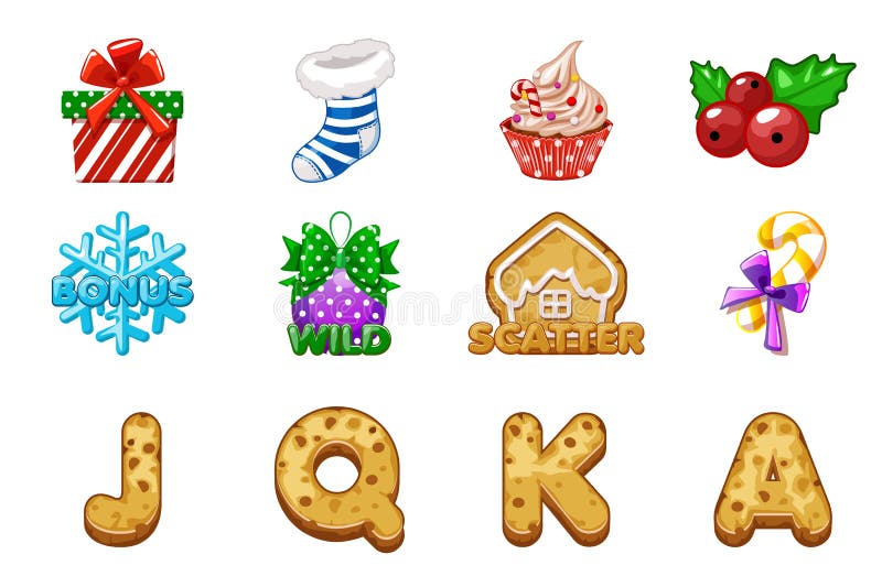 Iconos de navidad para ranuras. iconos completos para juego de ranura del casino. ilustración del vector