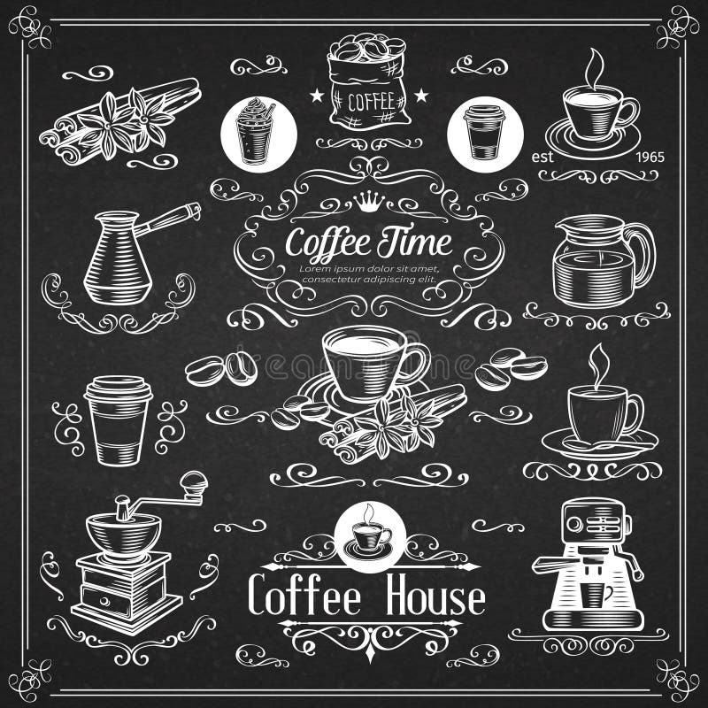 Iconos decorativos del café del vintage stock de ilustración Iconos decorativos del café del vintage stock de ilustración