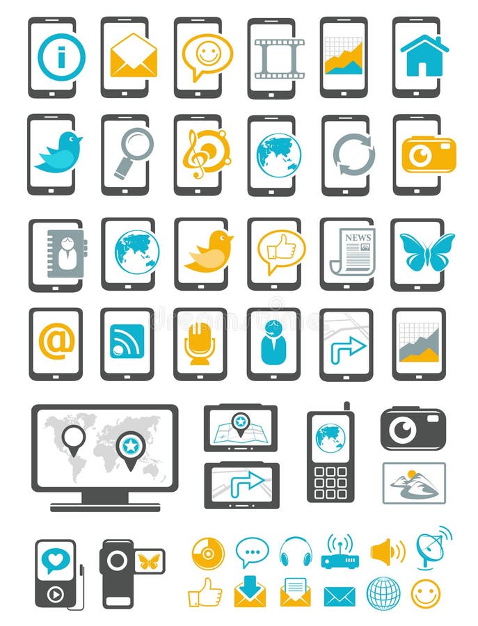 Iconos del adminículo moderno y del dispositivo móvil