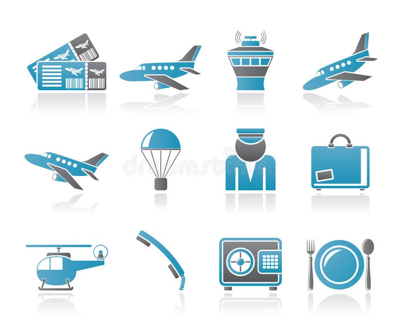 Iconos del aeropuerto y del recorrido stock de ilustración Iconos del aeropuerto y del recorrido stock de ilustración