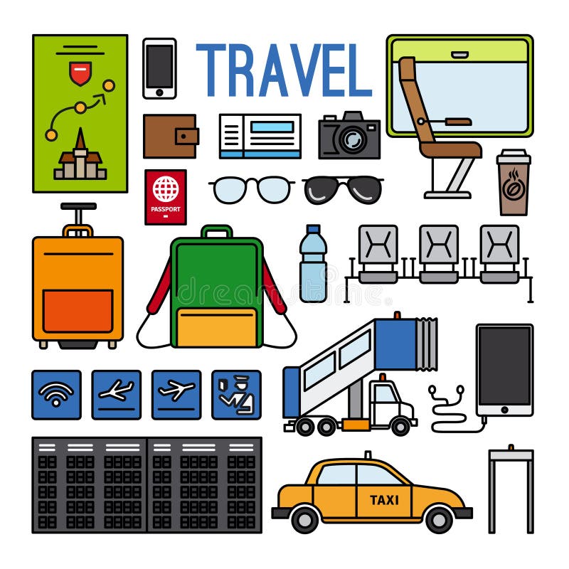 Iconos del aeropuerto y del viaje fijados stock de ilustración Iconos del aeropuerto y del viaje fijados stock de ilustración
