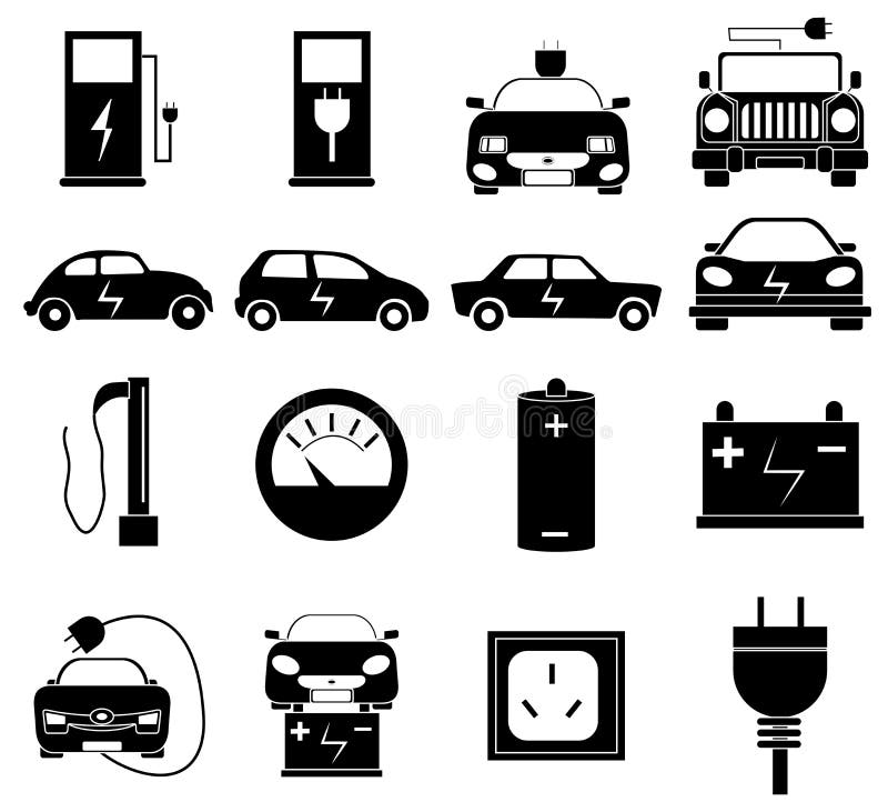 Iconos del coche eléctrico fijados stock de ilustración Iconos del coche eléctrico fijados stock de ilustración