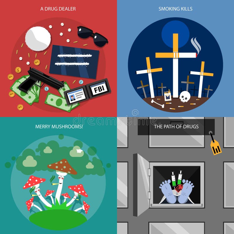 Iconos del concepto de la droga fijados ilustración del vector Iconos del concepto de la droga fijados ilustración del vector