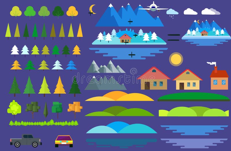 Iconos del constructor del paisaje fijados casas, árboles y muestras de la arquitectura para el mapa, juego, textura, montañas, r stock de ilustración Iconos del constructor del paisaje fijados casas, árboles y muestras de la arquitectura para el mapa, juego, textura, montañas, r stock de ilustración