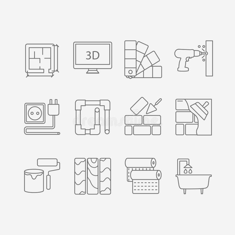 Vector set of modern flat line icons for interior design website includes objects for finishing works and building elements . Interior design icons isolated on background part 1. Vector set of modern flat line icons for interior design website includes objects for finishing works and building elements . Interior design icons isolated on background part 1.