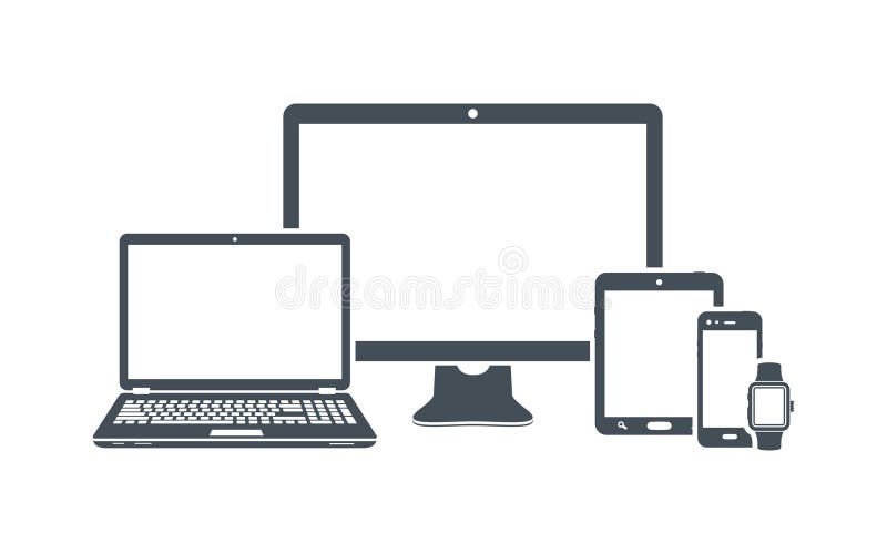 Iconos del dispositivo: equipo de escritorio, ordenador portátil, teléfono elegante, tableta y reloj elegante