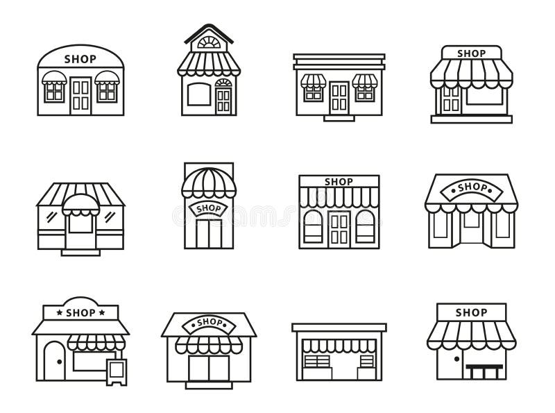 Iconos del edificio de las tiendas y de tiendas fijados stock de ilustración Iconos del edificio de las tiendas y de tiendas fijados stock de ilustración