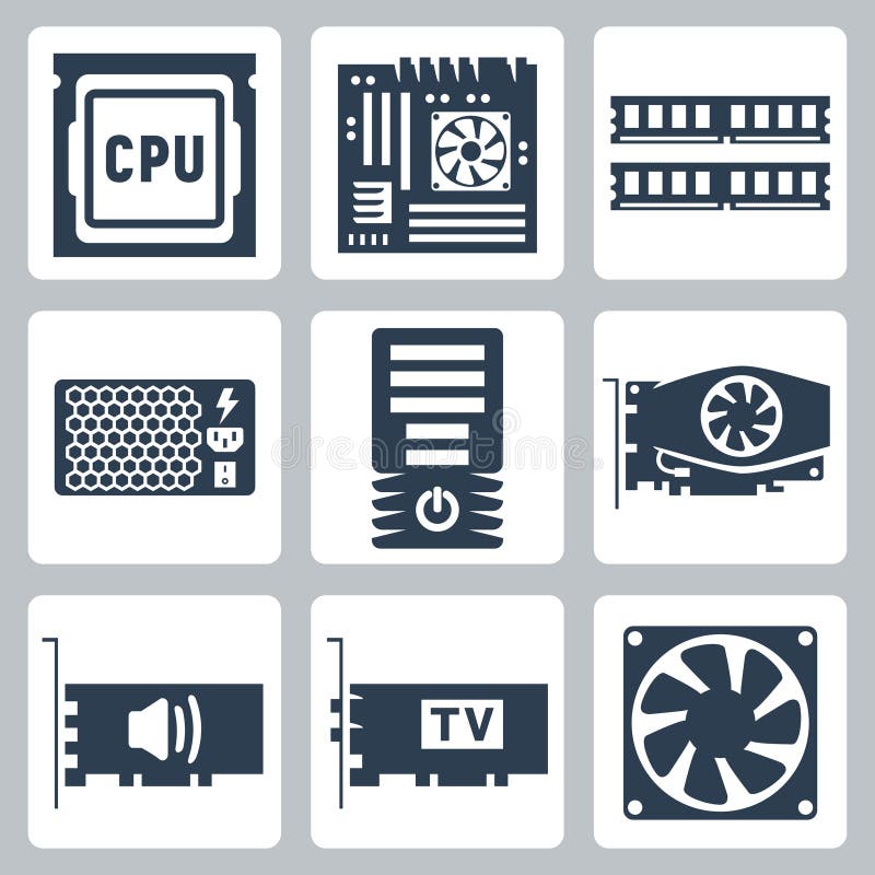 Vector hardware icons set: CPU and motherboard, RAM, power unit, computer case, video and sound card, TV-tuner, cooler. Vector hardware icons set: CPU and motherboard, RAM, power unit, computer case, video and sound card, TV-tuner, cooler