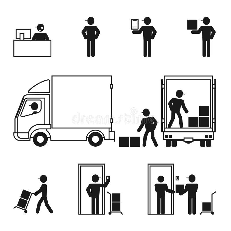 Iconos del sistema de la logística del hombre de entrega fijados stock de ilustración Iconos del sistema de la logística del hombre de entrega fijados stock de ilustración