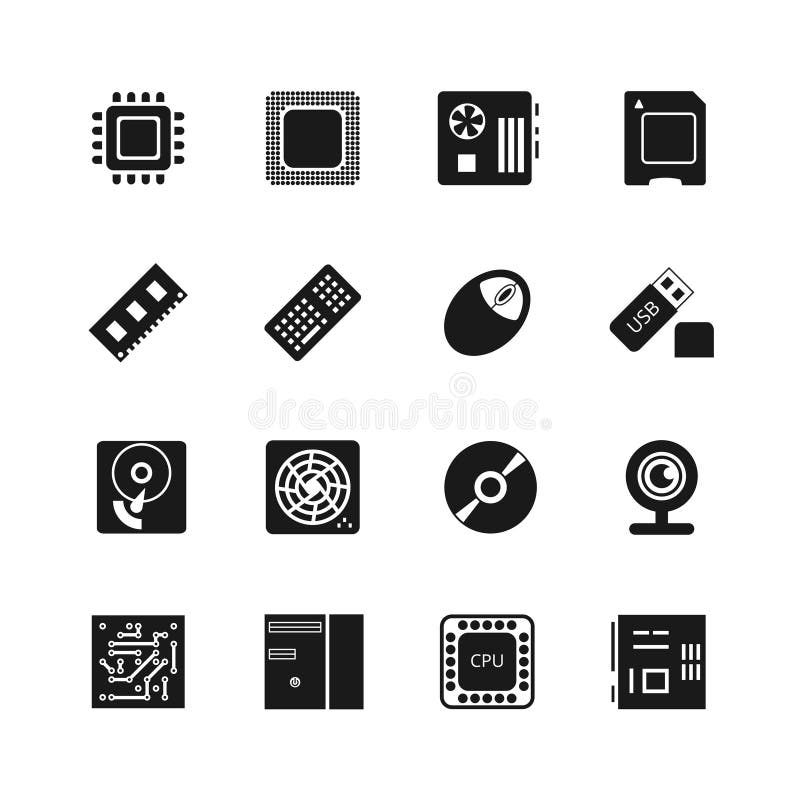 Computer chips vector icons set. Cooler and cpu, webcam and mouse, flash drive and motherboard illustration. Computer chips vector icons set. Cooler and cpu, webcam and mouse, flash drive and motherboard illustration