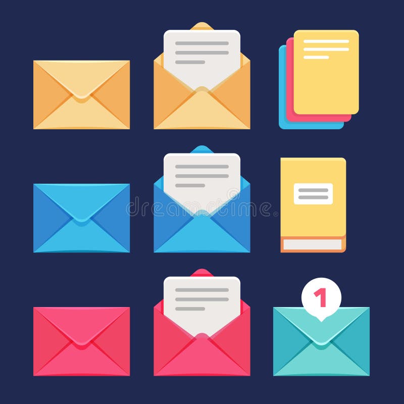 Iconos del vector del sobre, del correo electrónico y de la letra Correspondencia postal y símbolos del mms stock de ilustración Iconos del vector del sobre, del correo electrónico y de la letra Correspondencia postal y símbolos del mms stock de ilustración