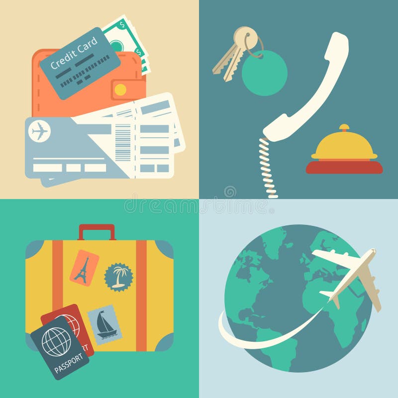 Iconos del viaje de las vacaciones fijados stock de ilustración Iconos del viaje de las vacaciones fijados stock de ilustración