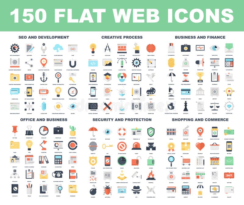 Vector set of 150 flat web icons on following themes - SEO and development, creative process, business and finance, office and business, security and protection, shopping and commerce. Vector set of 150 flat web icons on following themes - SEO and development, creative process, business and finance, office and business, security and protection, shopping and commerce.